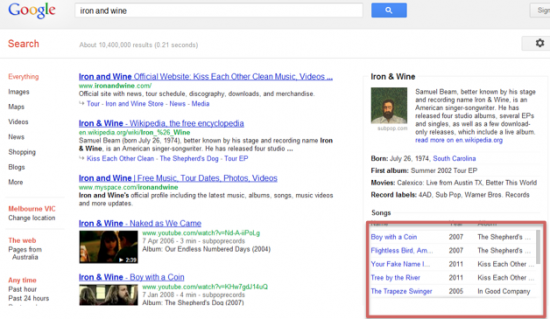 Google Australia search for "iron and wine"