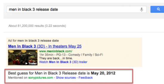 Google US search result for "men in black 3 release date"